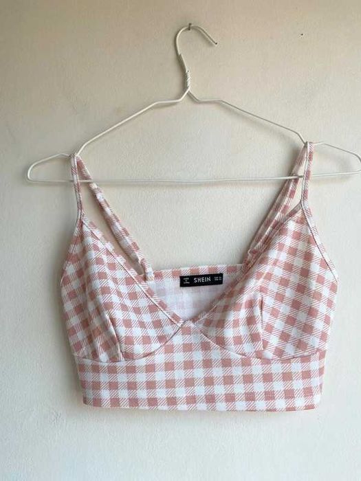 Biało-różowy top bralet na ramiączkach w kratkę Shein XS/34