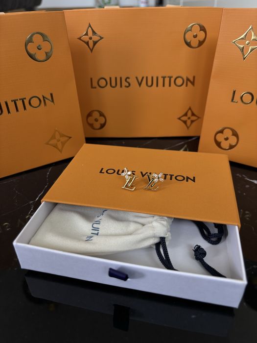 Nowe złote kolczyki Louis Vuitton LV stal nierdzewna pudełko torba