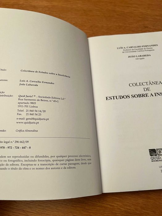 Colectânea de ESTUDOS SOBRE A INSOLVÊNCIA     Carvalho Fernandes  e  João Labareda