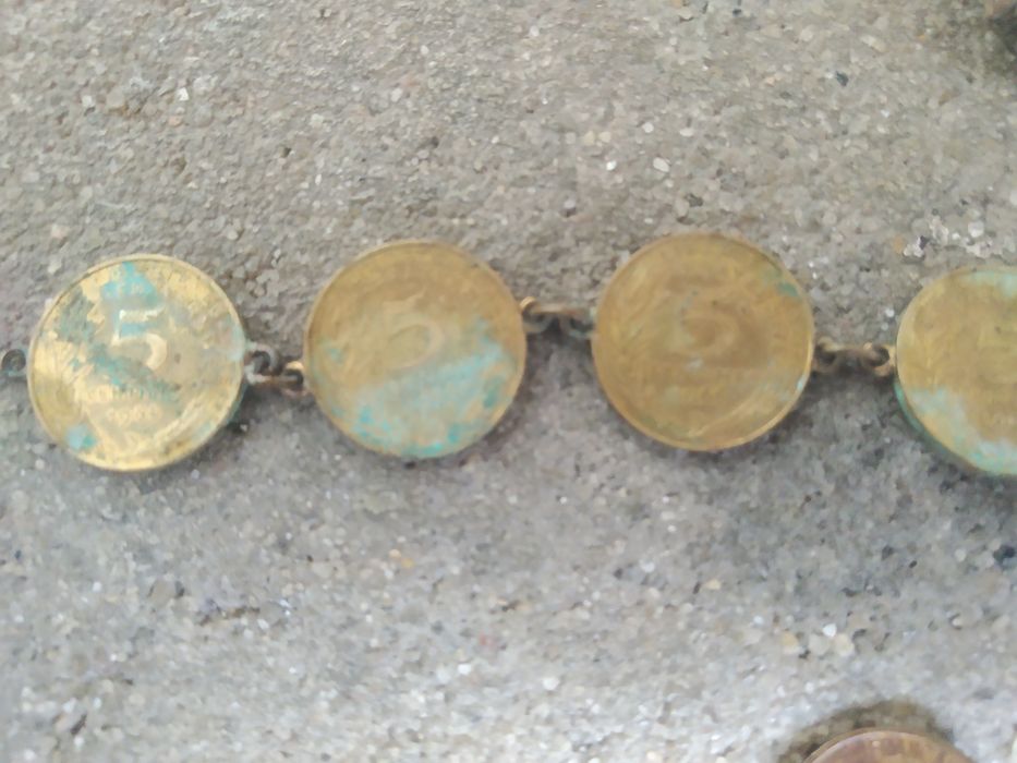 Pulseira de 9 moedas 5 centimes de 1966 e botões de punho  5 centimes