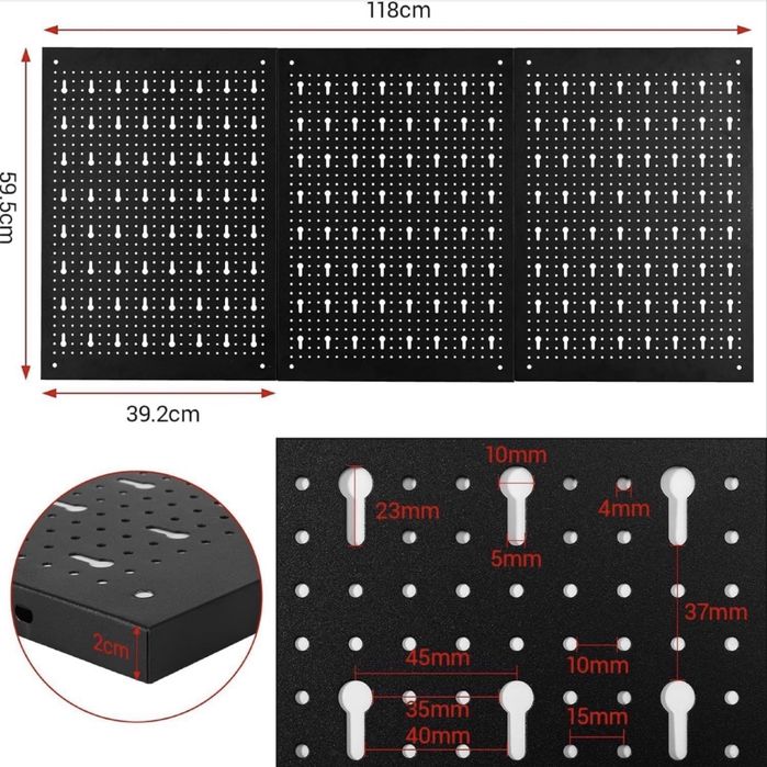 Panel perforowany do warsztatu z 17 haczykami i uchwytami – 118 x 59,5 cm, niebieski