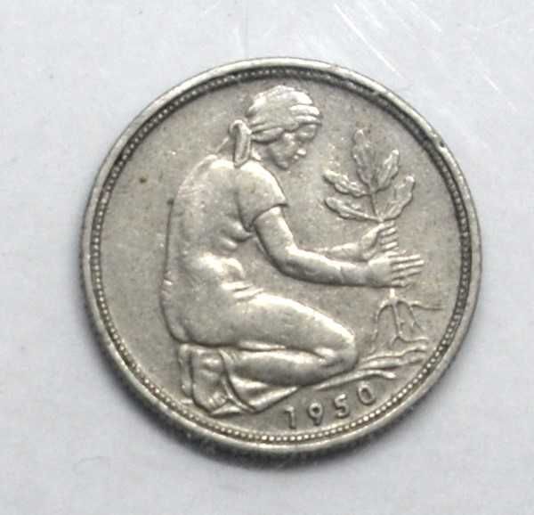 Moneta 50 Pfennig 1950 F RFN Niemcy Zachodnie fenig stary numizmat miedzionikiel kobieta sadząca dąb C149