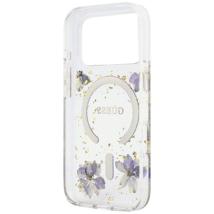 Etui Guess Resin Flowers Glitter MagSafe do iPhone 18 Pro / 17 Pro fioletowy
