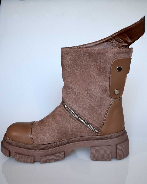 BOTKI zamszowe DAMSKIE SUWAK ocieplane KHAKI BRĄZ 36 - 41