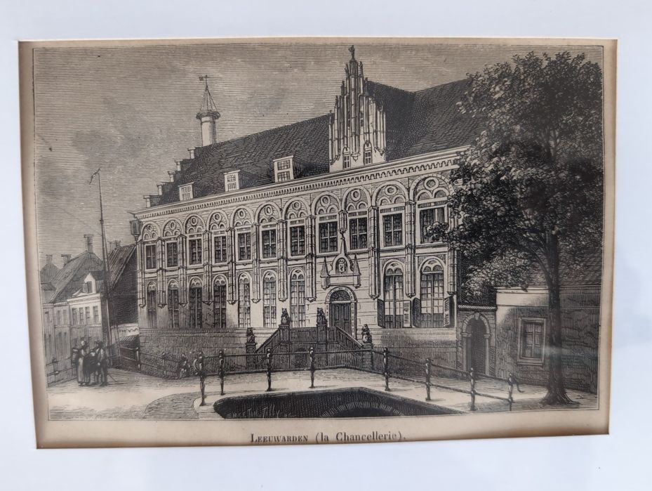 Gravura antiga em madeira cidade holandesa Leeuwarden 1876