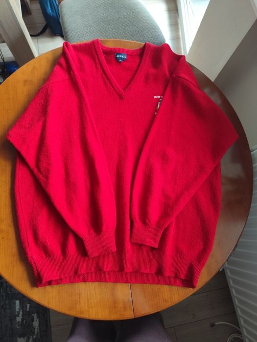 Sweter 100% Wełna Lambswool Made in Scotland M Czerwony V-Neck