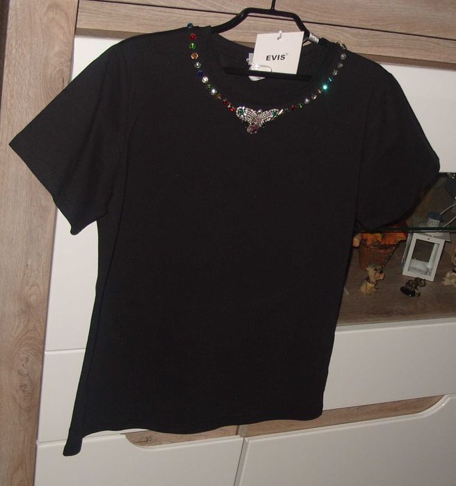 czarny T-Shirt_ EVIS _Biżuteryjna mucha kryształki cyrkonie r. S/M/L