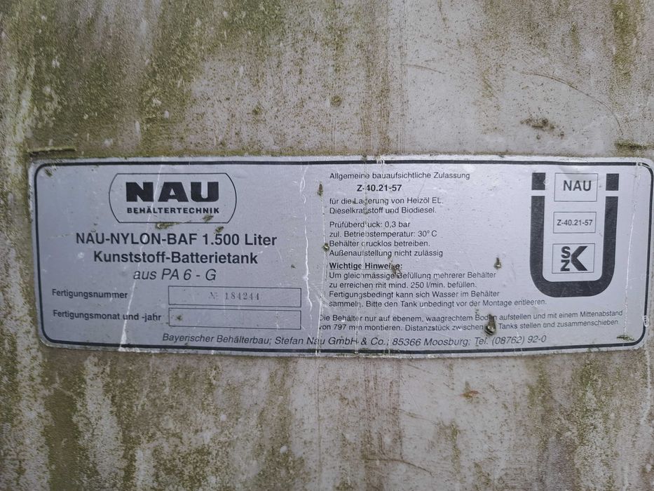 Zbiornik  1500litrów  ON. DIESEL  woda itp firmy  NAU-NYLON-BAF