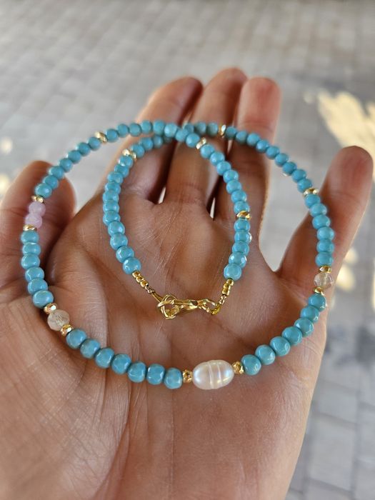 Naszyjnik Choker kamienie naturalne Jadeit Perła naturalna Kryształ