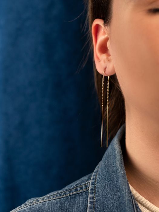 Złote 585 kolczyki przeciągane wiszące łańcuszki, nowe