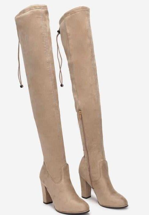 Beżowe muszkieterki botki na obcasie długie rozmiar 37,5 nowe