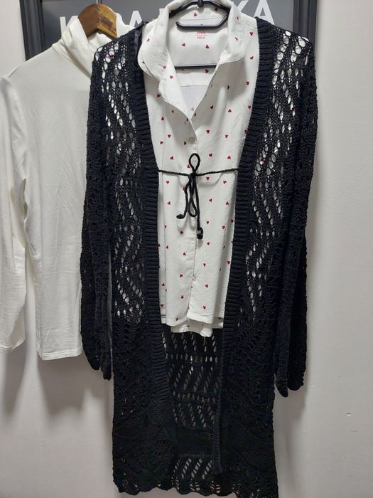 Elegancki,  długi kardigan, zrobiony na szydełku