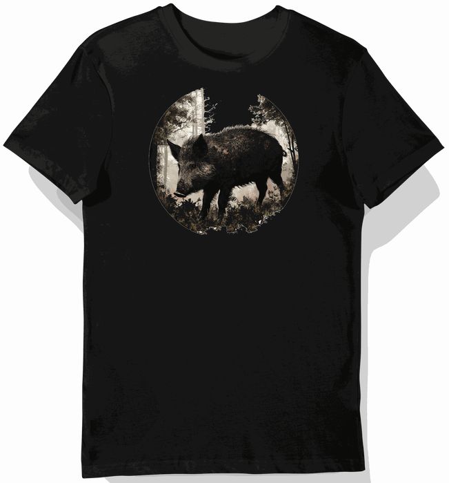 Koszulka męska czarna z motywem dzika w lesie 3XL