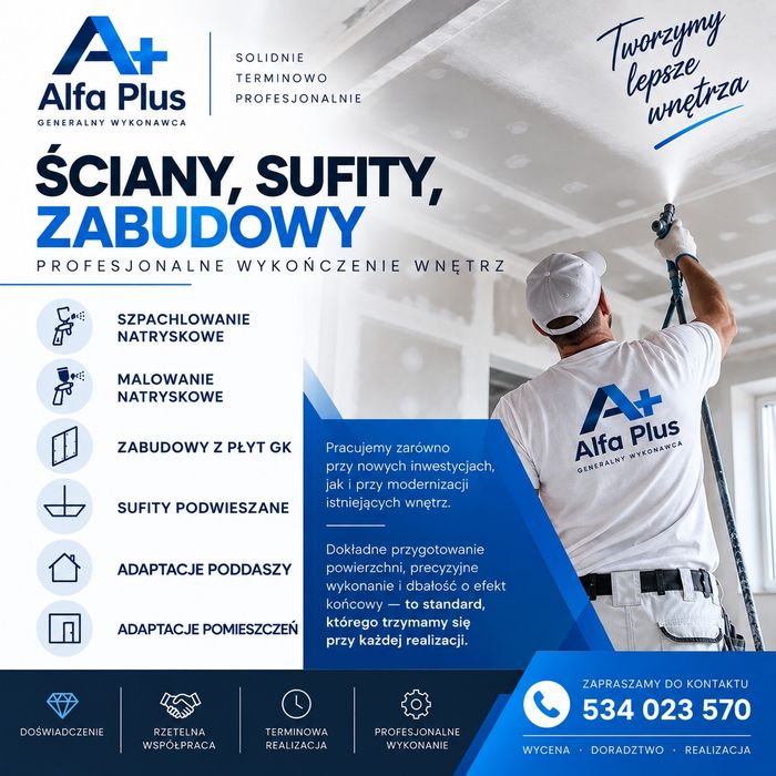 Szpachlowanie, malowanie, adaptacja poddaszy, zabudowy GK