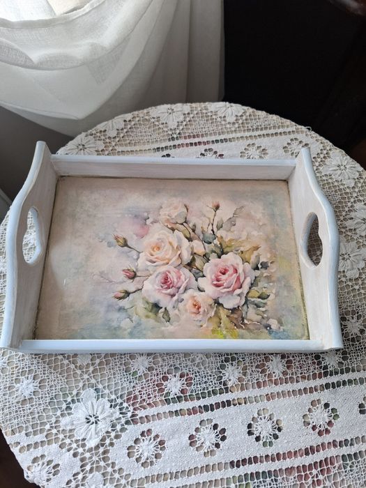 Taca, drewniana, zdobiona decoupage