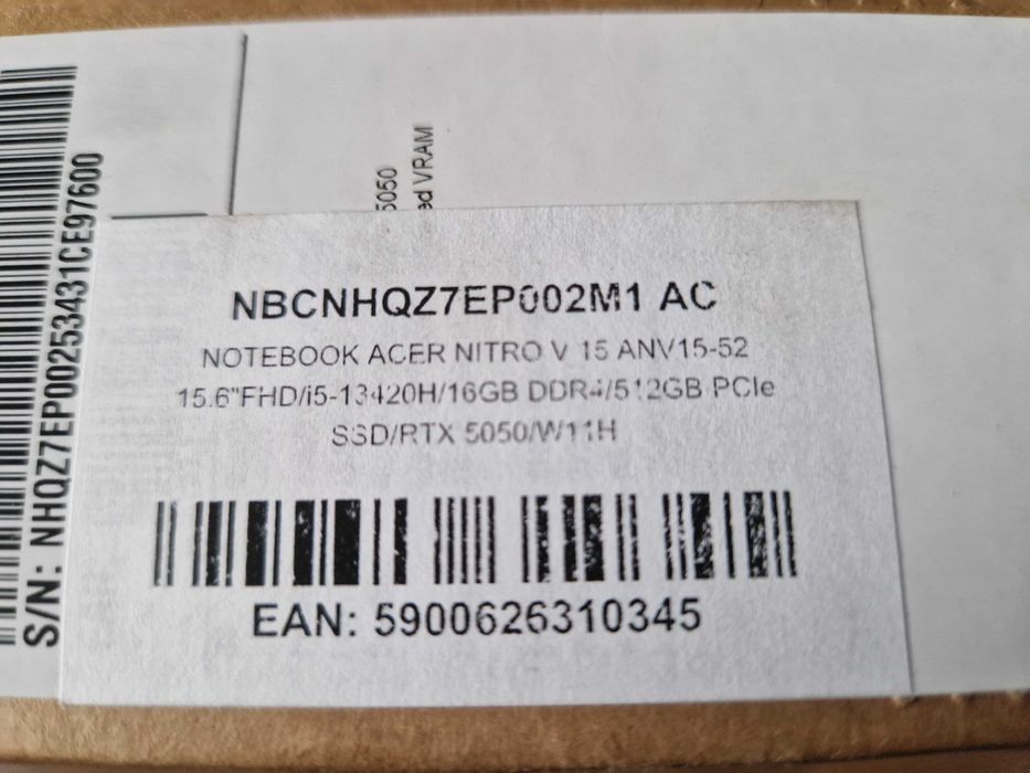 NOWY Laptop Gamingowy ACER NITRO V 15 ANV15-52 / i5-13420H / RTX5050 / Gwarancja