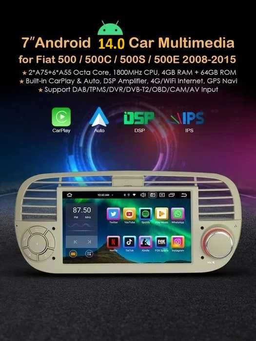 Auto-Rádio 2din Android 14 FIAT 500 Series 07/19