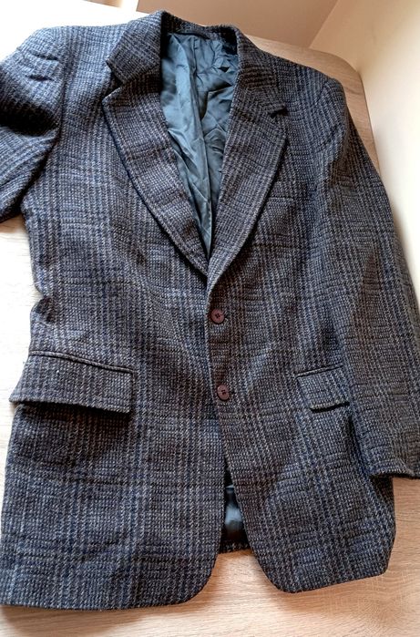 Granatowa wełniana marynarka oversize w kratę, 100% wełna, rozmiar L