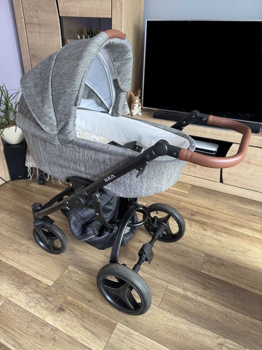 Wózek Głęboko Spacerowy - Bebetto Luca - 3 w 1 - Torba - Osłona - Dodatki - Materac - Spacerówka - Gondola - Szary Melanż + Brąz