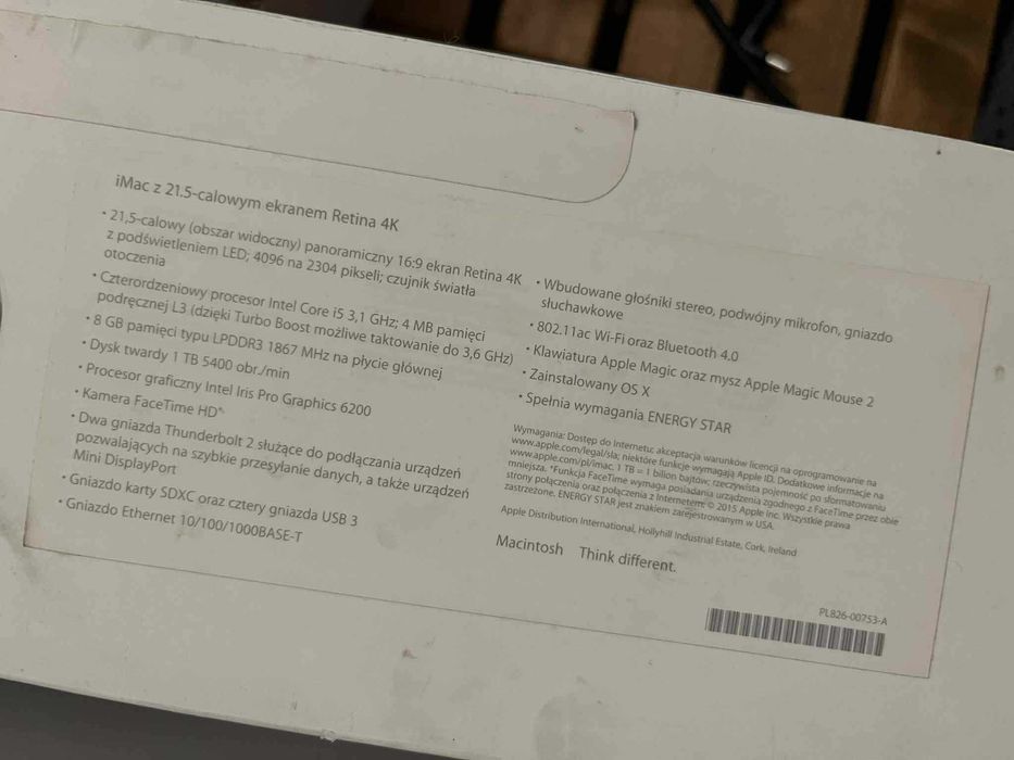 APPLE iMAC A1418 (ekran 21,5 cala 4K) szczegółowe info w opisie