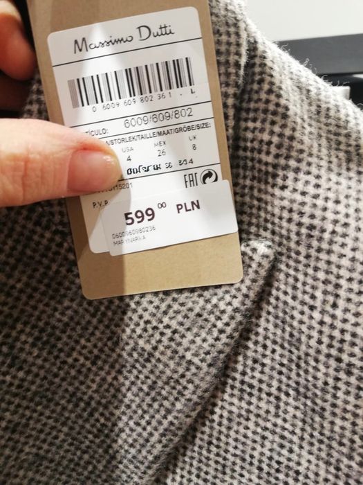 Massimo Dutti Wełniana marynarka żakiet w pepitkę Szara 40L