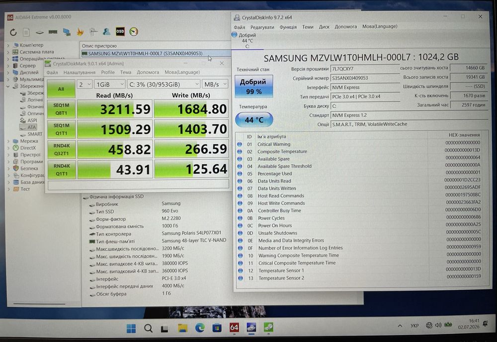 1TB Samsung PM961 SSD NVMe M.2 2280 99%