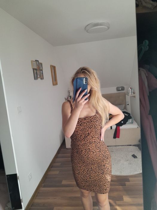 Sukienka midi panterka kwadratowy dekolt sexy s m kobieca hit