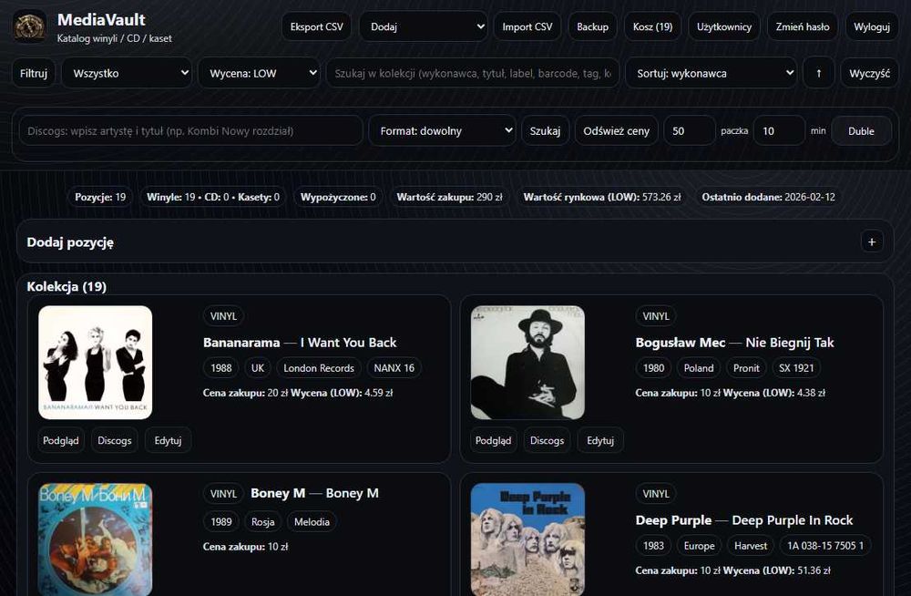 Program do katalogowania płyt winylowych CD kaset integracja z Discogs