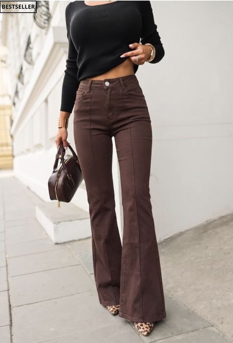Czekoladowe dzwony spodnie jeans jesień Varlesca chicaca XS-XL