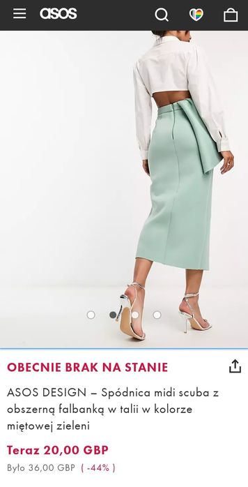 ASOS XS-S turkusowa spódnica midi z obszerną falbanką