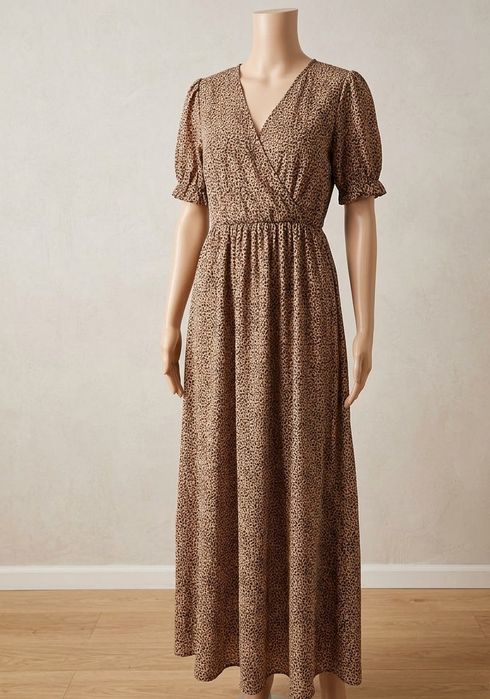 Sukienka maxi w panterkę / leopard M, kopertowy dekolt wesele komunia chrzciny urodziny poprawiny