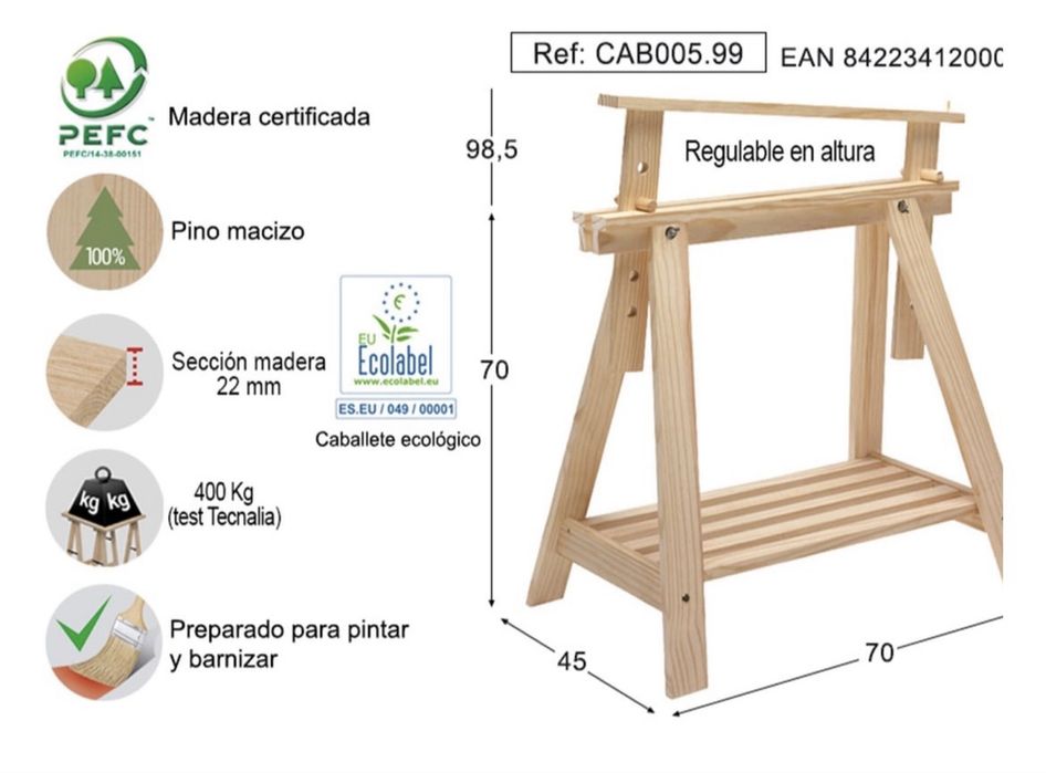 2 Cavaletes reguláveis de pinho 98,5-70x70x45 cm Astigarraga Eliotis