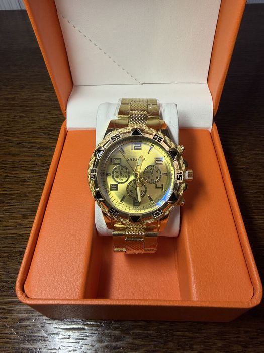 Stylowy zegarek męski złoty kolor, męski zegarek luksusowy zloty kolor