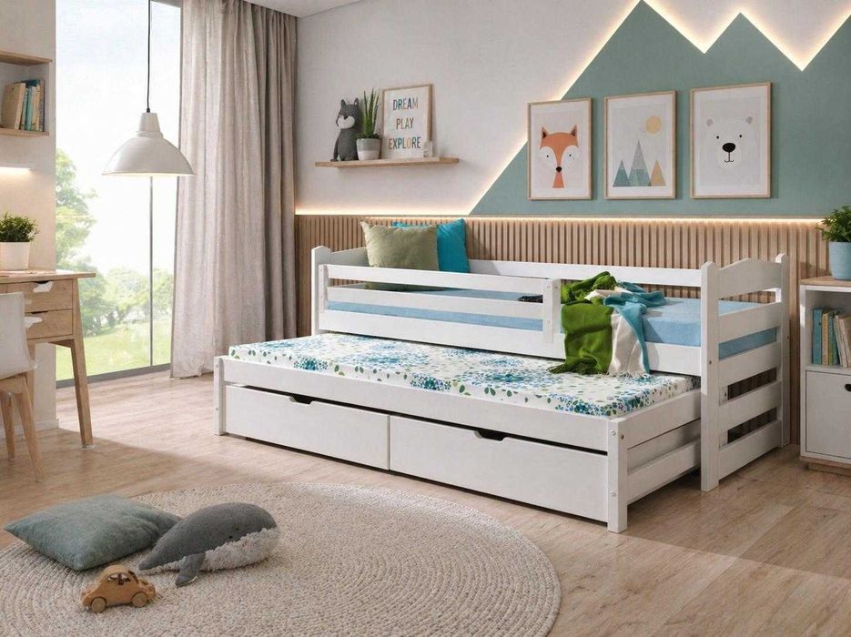 Łóżko MILI piętrowe niskie 80x200 wysuwane 80x190  szuflady materace