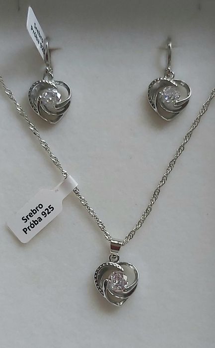 Nowy z metkami srebro 925 komplet biżuterii serca z cyrkonią