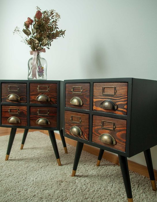 Szafki nocne vintage kartotekowe loft mid-century komoda z szufladami