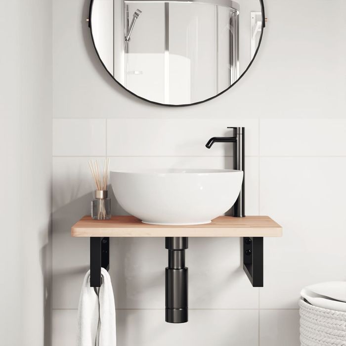 vidaXL Półka ścienna pod umywalkę, stal i lite drewno bukowe