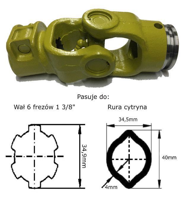 Przegub wałka WOM 27x70 rura cytryna, 6 frezów 34,9mm 1 3/8" 390Nm