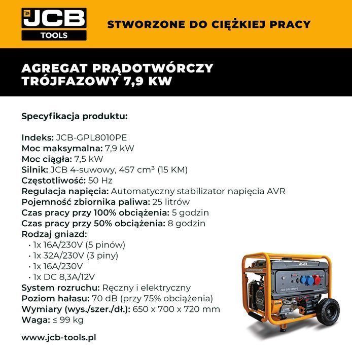 JCB Tools Agregat prądotwórczy trójfazowy 7.9kW (AVR) Generator prądu
