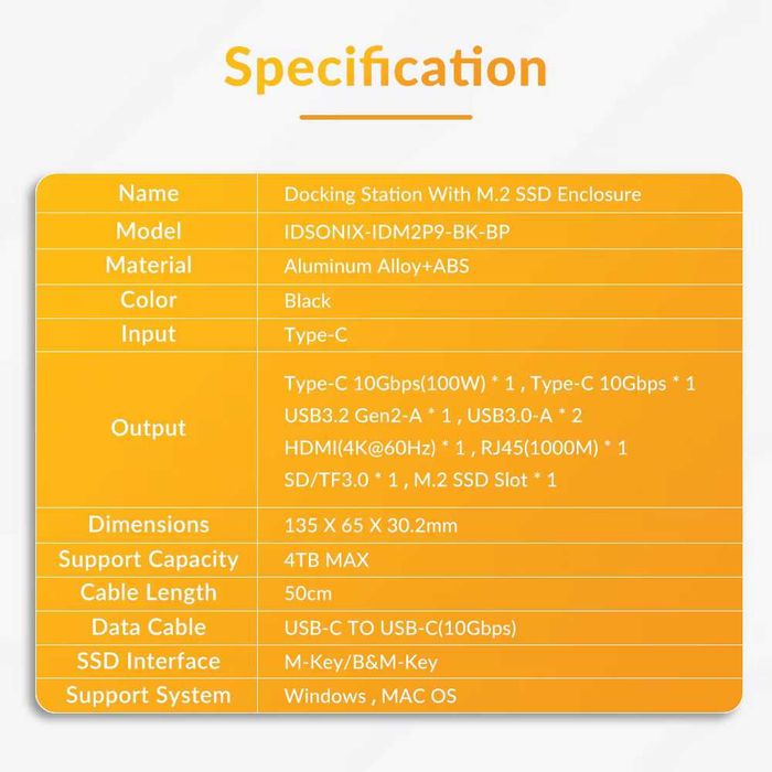 iDsonix M.2 NVMe 10Gbps USB Hub HDMI NVMe SATA SSD Case USB 3.2 100W