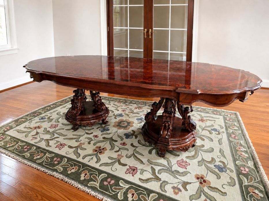 Conjunto de sala de jantar em raiz de nogueira: mesa, cadeiras e móvel