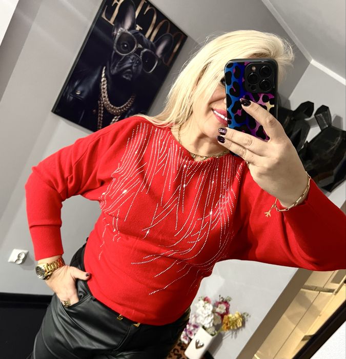 Sweter damski Szachownica nietoperz oversize 2XL 3XL aplikacja