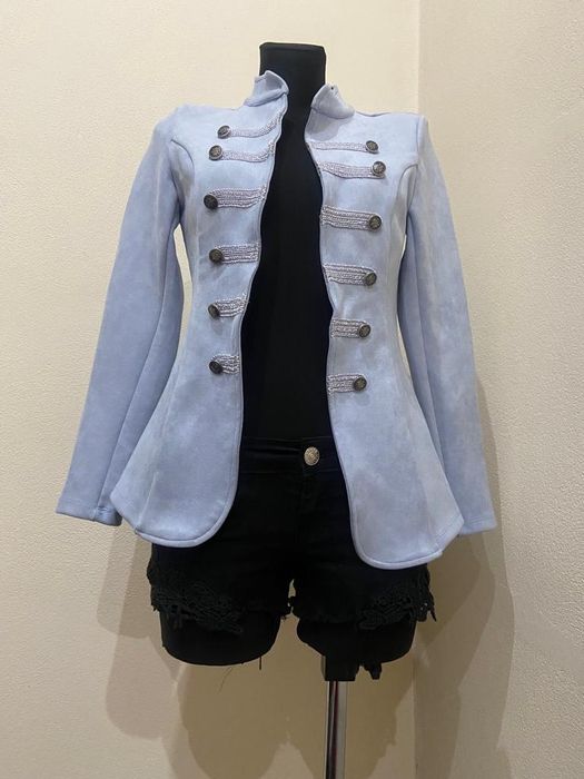 Marynarka żakiet zamsz baby blue niebieski guziki S, M, L