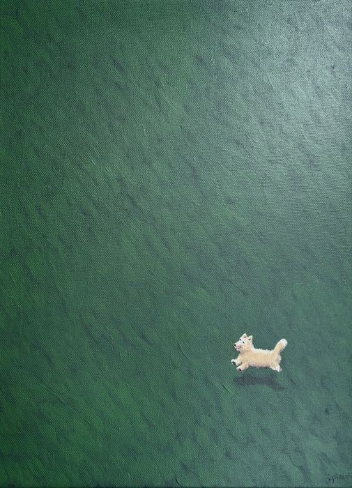 Obraz recznie malowany pies piesek corgi minimalistyczny na sciane