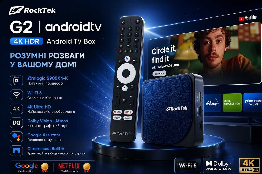 TV Box RockTek G2 4/32Gb, 4/64Gb Amlogic S905X4-K AndroidTV NETFLIX приставка
