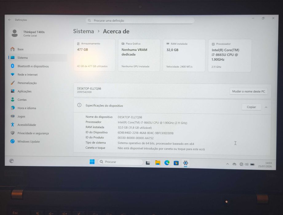 Lenovo ThinkPad T490s | i7 | 32GB RAM | 512GB SSD | Para Reparação