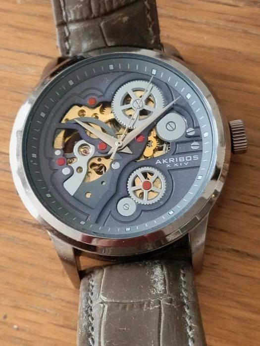 Akribos XXIV Skeleton Automatic 44mm AK538GY nowy mechanizm skóra