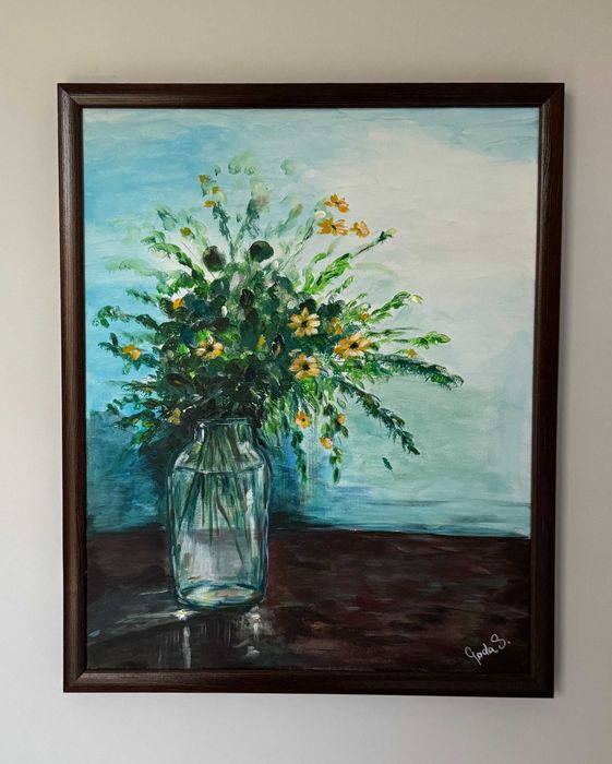 Obraz oryginalny, Kwiaty w wazonie, akryl 40x50, Do salonu, sypialni.