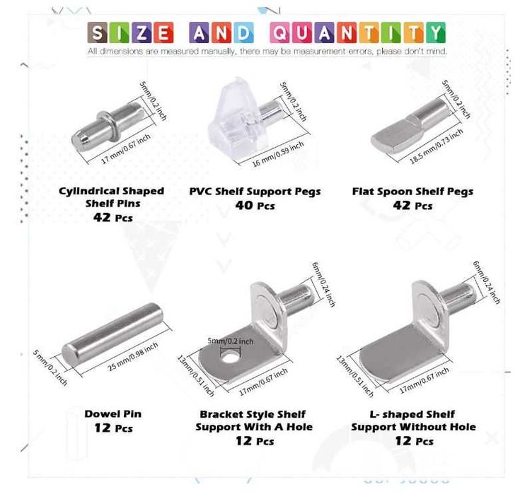 Zestaw 160 podpórek do półek, 6 stylów