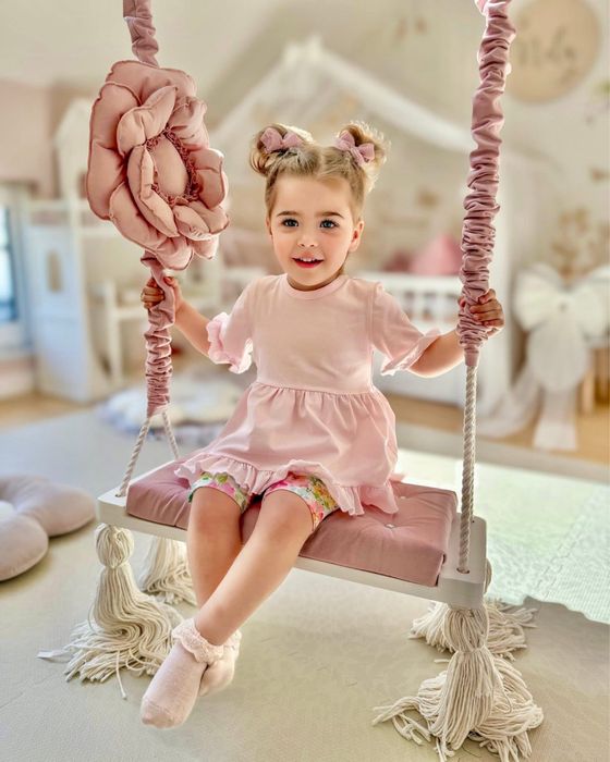 Nowość Zula Handmade pudrowa bluzeczka tunika z falbankami 116 cm